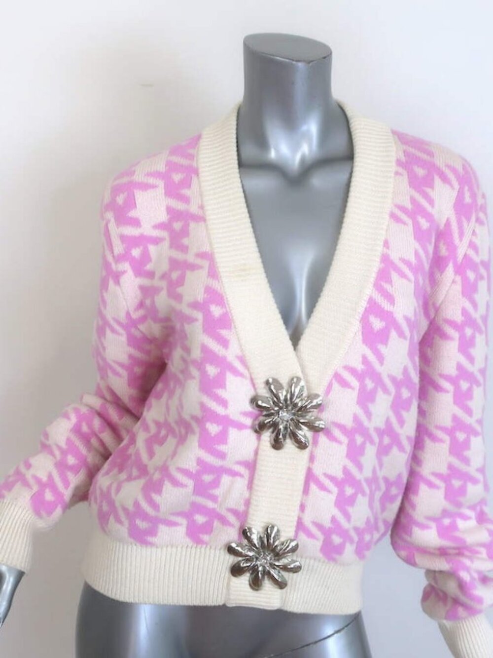 AREA Mussel Flower Houndstooth Cardigan Ivory/Pink Wool-Blend Size Extra Small
